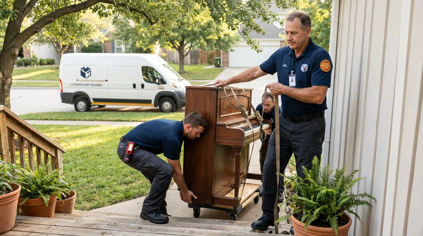 Licensed piano movers securing grand piano in Gates Mills, OH